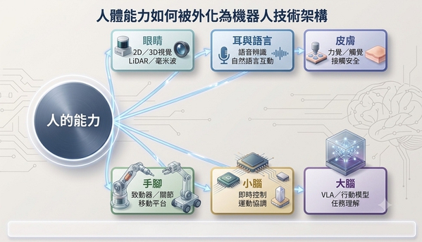 圖一 : 人體能力被外化為機器人的眼、耳、皮膚、手腳、小腦與大腦（圖片來源：本刊整理製圖）