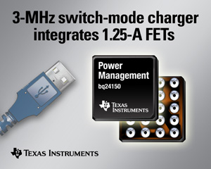 TI宣佈推出一款3 MHz切換式電池充電管理IC，適用可從充電器或USB連接埠充電的各式可攜式電子裝置。(圖片來源:廠商)