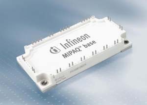 MIPAQ base模組整合IGBT六單元(six-pack)組態及電流感應分流器，適用於高達55 kW之工業驅動裝置和伺服機的低感應系統設計。
