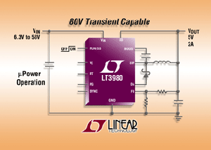 Linear的5LT3980，8V具备80V瞬变保护、2A(IOUT)、2.4MHz 降压切换稳压器具备IQ