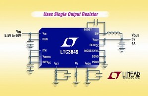 凌力尔特发表高效率、60V、4A同步降压稳压器LTC3649，元件包含定频、电流模式架构和可编程输出电流及输出电压...