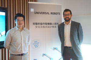 Universal Robots亚太区技术支援部门负责人Andrew Pether(图右)表示，Universal Robots+平台可提供客户在配件上有选择弹性。