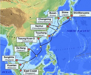 光纖海底電纜「APG」路線連接了日本～新加坡之間的亞洲11個地點。