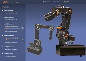 透过新的「robolink 设计系统」，用户可以在简单好上手的CAD介面上逐步选择其需要的部件，从第一轴开始快速、轻松地配置自己的机械手臂。 Martin Raak表示：「机械手臂的长度是可调的，可适应相应的工作区域。该软体也可以在平板电脑中使用，可视觉类比旋转关节的运动。」在配置完成后，会直接向igus发出零件清单的需求。