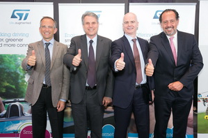 ST類比、MEMS和感測器產品部總裁Benedetto Vigna(左一)，總裁暨執行長Carlo Bozotti(左二)，全球業務與行銷總裁Marco Cassis(右二) ，執行副總裁暨亞太區業務與行銷負責人Jerome Roux (右一)