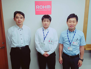 羅姆台灣設計中心所長林志昇（左）、羅姆總社LSI產品開發部唐澤良幸（中）、羅姆總社工控市場策略部山野靖展（右）發表新型電源管理IC。（攝影/葉奕緯）