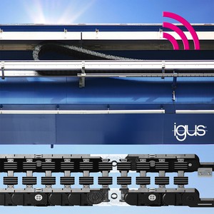 新的免保养自润轴承和智慧磨损感测器确保起重机和龙门系统的 P4.1 滚轮拖链具有更长的使用寿命。（来源：igus GmbH）