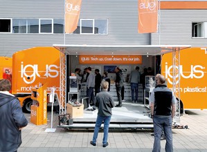igus 透过新型 XXL 路演卡车拜访客户，并在现场直接展示175项动态工程塑胶创新产品。（source：igus GmbH）