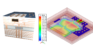 此3D模型和电磁场分布图显示从紧凑型带线（stripline）结构到空气填充式基板整合式波导（AFSIW）设计的技术转换。