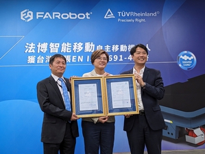 法博智能移動自行設計開發的自主移動機器人SMR 系列，與台灣德國萊因合作獲得 EN ISO 3691-4:2020 版無人駕駛工業搬運載具證書。