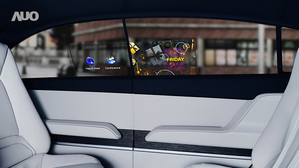 友达「互动式透明智慧车窗」将高透明Micro LED显示器整合到车侧窗，并搭载触控功能，进行娱乐、线上视讯会议及安全示警资讯显示(来源AUO)