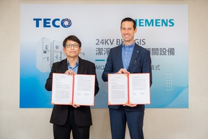 东元智慧能源事业群张松??总经理（左）与台湾西门子智慧基础建设总监Fabian Bergeron代表签署MOU