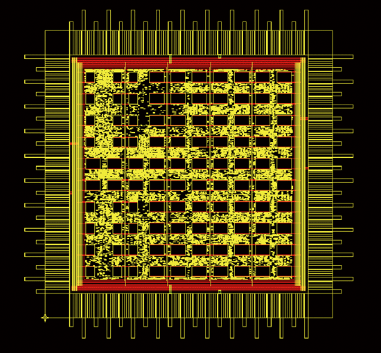 《圖四　晶片的佈線圖，其中的黑色方塊是記憶體所在位置。》