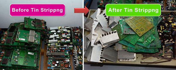 Figure 2 :   The wet-soaking green tin stripper (SnST-550A Tin stripper) can directly strip tin from waste boards, and enable the parts and chips on the board to be quickly removed.