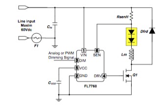 图3 : FL7760是一款输入范围极宽的降压控制器，具有大范围的调光能力