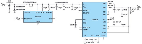 圖13 : LT8672與LT8650S針對高輸出電流設計的組態.