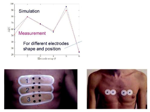 图5 : 不同电极形状和位置的生物阻抗测量值和模拟值的比较。