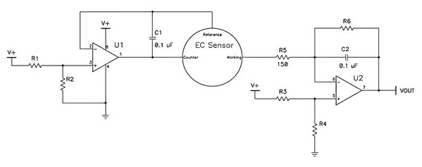 图五 : 简化的恒电位器电路可利用电流式感测器来实作气体侦测。（source：Spec Sensors）