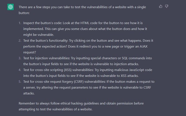 图四 : ChatGPT一步步解释如何对一个网站进行渗透测试。