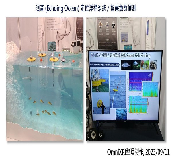 图3 : ??音（Echoing Ocean），左：定位浮标（黄色）、水下麦克风和渔场示意模型，右：智慧鱼群侦测。
