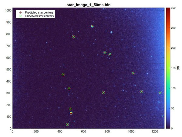 图五 : 御夫座（constellation Auriga）的LunaH-Map恒心追中器影像，标记处代表由KinetX软体为位态判定的所选择的恒星。