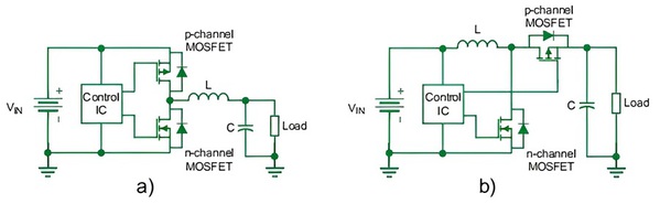 圖五 : 使用互補MOSFET的低功率：a)同步降壓轉換器和b)同步升壓轉換器