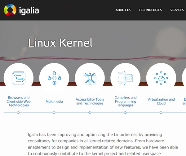 圖二 : Igalia公司官網強調該公司擅長的多項技術中，Linux核心效能提升也是其一（圖片來源：Igalia）