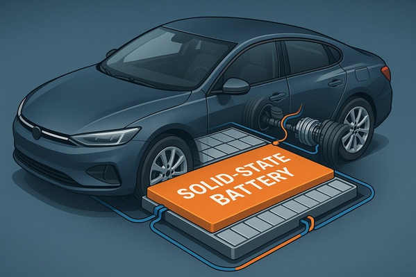 圖一 :   固態電池以其高能量密度、安全性與長壽命特性，被視為電動車普及的臨界突破點。