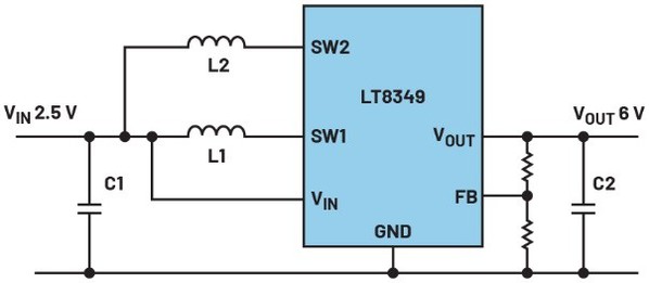 圖三 : 兩相升壓轉換器提升電池電壓的實際應用(簡化示意圖)。