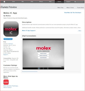 Molex IC App在iTunes可免費下載該行動工業通信應用程式