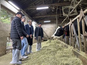 研华董事长刘克振(右二)与台大生物资源暨农学院院长林裕彬(右一)，於台大乳牛畜舍中交流智慧农业的落地应用。